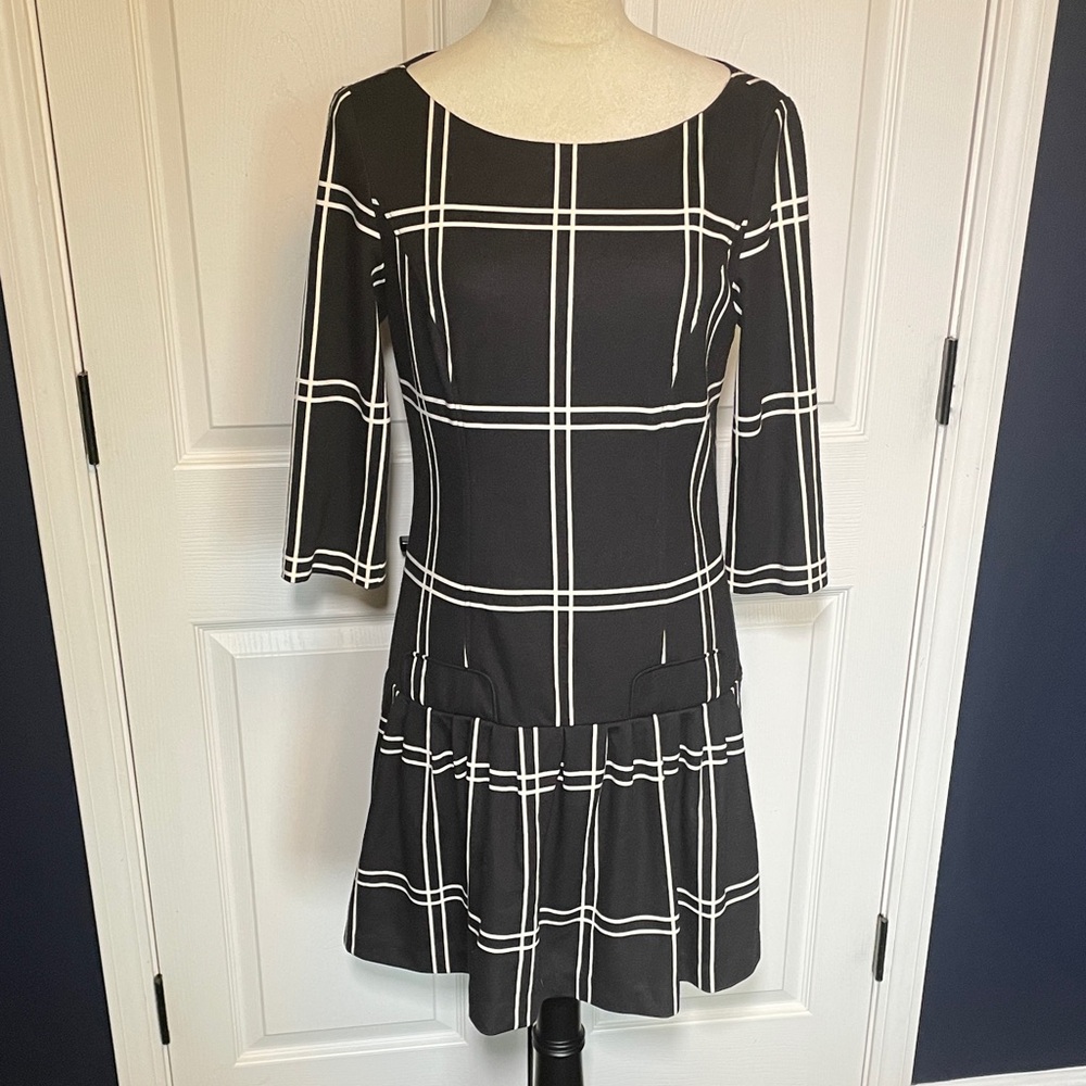 Saks Fifth Avenue Black & White Checkered Long Sleeve Drop Waist Dress‎ Size 8